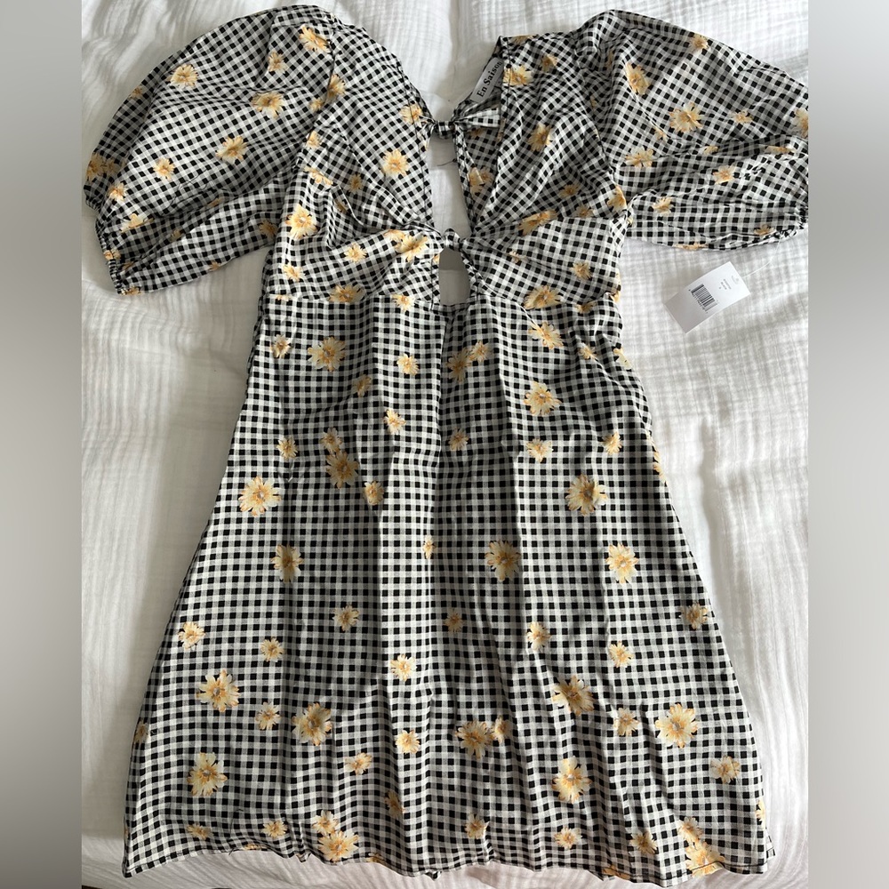 En Saison Black & White Gingham Mini Dress with Yellow Floral Print